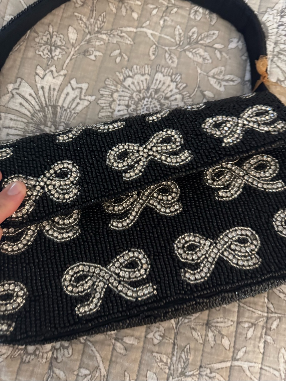 Beaded Black Evening Shoulder Bag with Silver Bow Accents - Picture 10 of 10